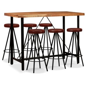 Bar furniture set, 7 pieces, solid acacia wood and genuine leather. by vidaXL, Furniture sets for kitchens and dining rooms -...