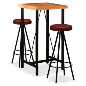 Set muebles de bar 3 pzas madera maciza acacia cuero genuino de vidaXL, muebles para cocinas y comedores - Ref: Foro24-275127...