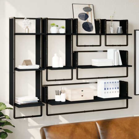 Wall shelves with 6 pieces of engineered wood and black bars by vidaXL, Shelves and shelves - Ref: Foro24-836313, Price: 75,2...