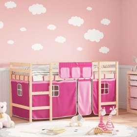 High bed for children with pink pine wood curtains 90x190 cm by , Beds and slatted bases - Ref: Foro24-3206975, Price: 181,42...