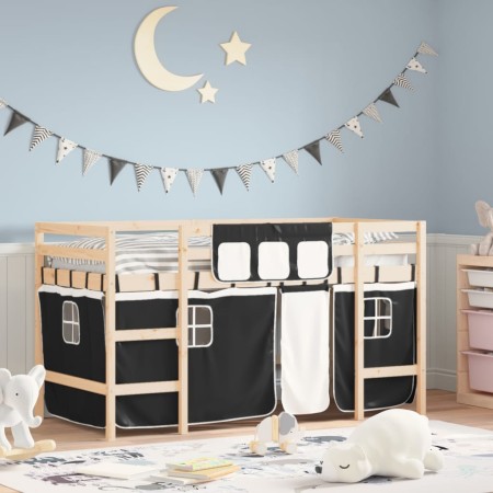 Cama alta niños con cortinas madera pino blanco negro 90x190 cm de , Camas y somieres - Ref: Foro24-3206973, Precio: 181,65 €...