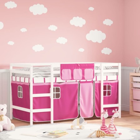 Cama alta para niños con cortinas madera pino rosa 90x190 cm de , Camas y somieres - Ref: Foro24-3206978, Precio: 185,21 €, D...