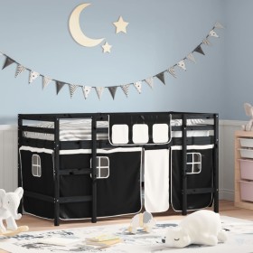 Children's loft bed with black white pine wood curtains 90x190 cm by , Beds and slatted bases - Ref: Foro24-3206979, Price: 1...