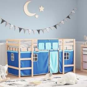 Cama alta para niños con cortinas madera pino azul 90x190 cm de , Camas y somieres - Ref: Foro24-3206974, Precio: 181,55 €, D...