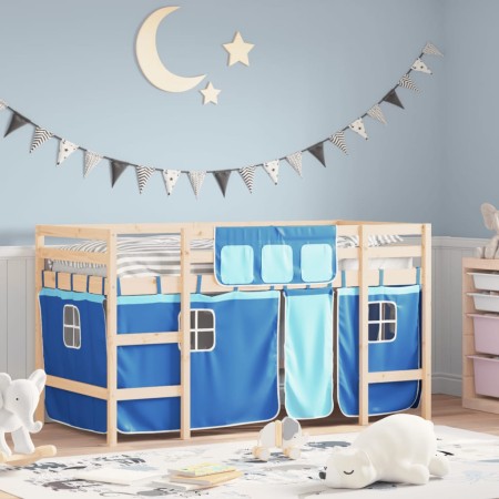 Cama alta para niños con cortinas madera pino azul 90x190 cm de , Camas y somieres - Ref: Foro24-3206974, Precio: 181,42 €, D...