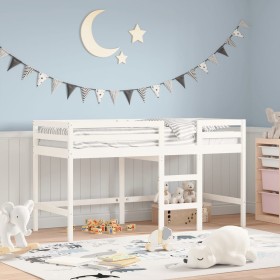 Cama alta de niños con escalera madera maciza blanca 90x200 cm de , Camas y somieres - Ref: Foro24-835893, Precio: 151,12 €, ...