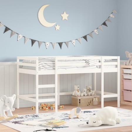 Cama alta de niños con escalera madera maciza blanca 90x200 cm de , Camas y somieres - Ref: Foro24-835902, Precio: 166,39 €, ...