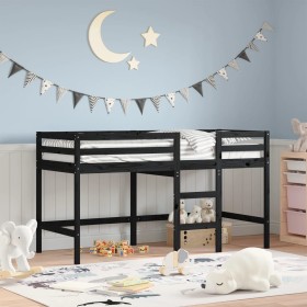 Cama alta de niños escalera madera maciza pino negra 90x190 cm de , Camas y somieres - Ref: Foro24-835894, Precio: 151,12 €, ...