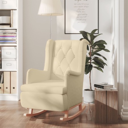 Sillón con patas mecedoras madera maciza caucho y tela crema de , Sillones - Ref: Foro24-329414, Precio: 229,77 €, Descuento: %