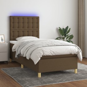 Boxspringbett-Matratze und LED-Leuchten aus dunkelbraunem Stoff, 80 x 200 cm von , Betten und Lattenroste - Ref: Foro24-31357...