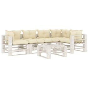 Garden pallet furniture set 6 pieces wood with cream cushions by , Garden sets - Ref: Foro24-3052455, Price: 582,87 €, Discou...