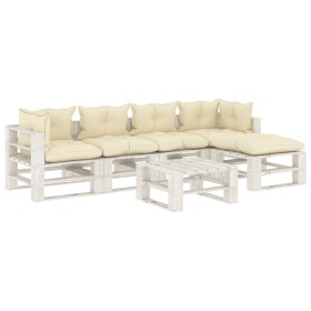 Set of 6 wooden pallet garden furniture pieces with cream cushions by , Garden sets - Ref: Foro24-3052462, Price: 553,99 €, D...