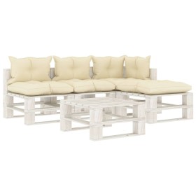 Set muebles de palés jardín 5 piezas madera cojines crema de , Conjuntos de jardín - Ref: Foro24-3052458, Precio: 391,99 €, D...