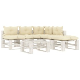 Garden pallet furniture set 6 pieces wood with cream cushions by , Garden sets - Ref: Foro24-3052461, Price: 516,99 €, Discou...