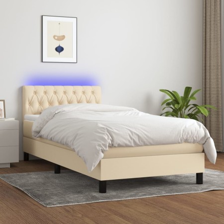 Boxspringbett-Matratze und LED-Leuchten, cremefarbener Stoff, 90 x 200 cm von , Betten und Lattenroste - Ref: Foro24-3133370,...