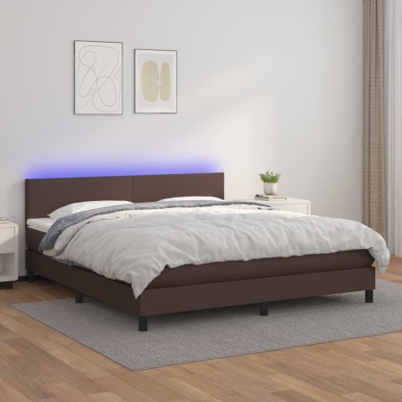 Cama box spring colchón y LED cuero sintético marrón 160x200 cm de , Camas y somieres - Ref: Foro24-3134114, Precio: 505,37 €...