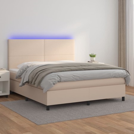 Box spring bed LED mattress cappuccino synthetic leather 160x200cm by , Beds and slatted bases - Ref: Foro24-3135836, Price: ...