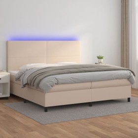 Box spring bed LED mattress cappuccino synthetic leather 200x200cm by , Beds and slatted bases - Ref: Foro24-3135848, Price: ...