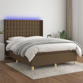 Box spring bed mattress LED lights dark brown fabric 140x190 cm by , Beds and slatted bases - Ref: Foro24-3139192, Price: 514...