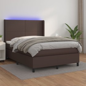 Cama box spring colchón y LED cuero sintético marrón 140x200 cm de , Camas y somieres - Ref: Foro24-3139268, Precio: 506,99 €...