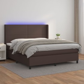 Box spring bed with mattress and LED brown synthetic leather 180x200 cm by , Beds and slatted bases - Ref: Foro24-3139280, Pr...