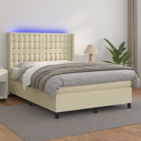 Box spring bed with mattress and LED cream synthetic leather 140x200 cm by , Beds and slatted bases - Ref: Foro24-3139387, Pr...