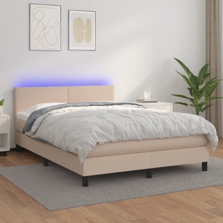 Box spring bed LED mattress cappuccino synthetic leather 140x200cm by , Beds and slatted bases - Ref: Foro24-3134110, Price: ...