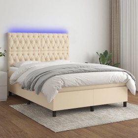 Box spring bed mattress and LED lights cream fabric 140x190 cm by , Beds and slatted bases - Ref: Foro24-3135114, Price: 536,...