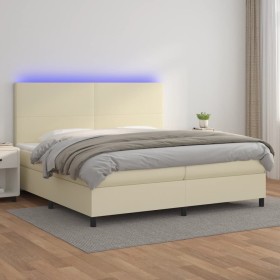 Box spring bed with mattress and LED cream synthetic leather 200x200 cm by , Beds and slatted bases - Ref: Foro24-3135845, Pr...