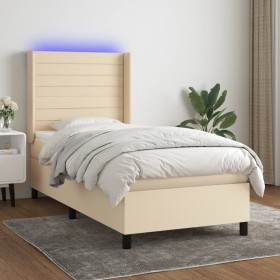 Box spring bed mattress and LED lights cream fabric 90x200 cm by , Beds and slatted bases - Ref: Foro24-3138370, Price: 368,9...