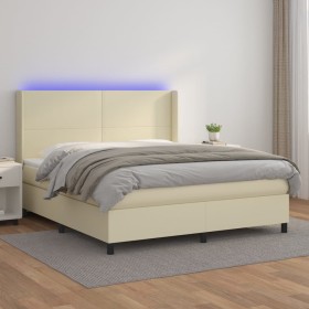 Cama box spring colchón y LED cuero sintético crema 160x200 cm de , Camas y somieres - Ref: Foro24-3139273, Precio: 611,99 €,...