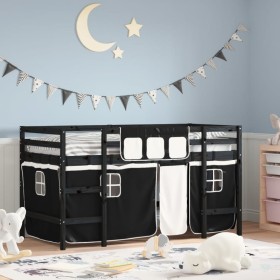 Cama alta niños con cortinas madera pino blanco negro 80x200 cm de , Camas y somieres - Ref: Foro24-3206961, Precio: 180,34 €...