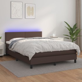 Cama box spring colchón y LED cuero sintético marrón 140x200 cm de , Camas y somieres - Ref: Foro24-3134108, Precio: 441,99 €...