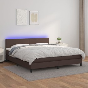 Cama box spring colchón y LED cuero sintético marrón 180x200 cm de , Camas y somieres - Ref: Foro24-3134120, Precio: 554,99 €...