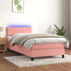 Box spring bed with mattress and LED pink velvet 90x200 cm by , Beds and slatted bases - Ref: Foro24-3134266, Price: 318,06 €...