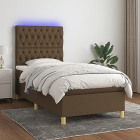 Cama box spring colchón y luces LED tela marrón oscuro 90x200cm de , Camas y somieres - Ref: Foro24-3135648, Precio: 407,58 €...