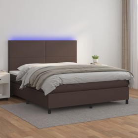 Cama box spring colchón y LED cuero sintético marrón 180x200 cm de , Camas y somieres - Ref: Foro24-3135840, Precio: 633,99 €...