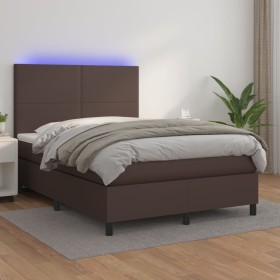 Box spring bed with mattress and LED brown synthetic leather 140x200 cm by , Beds and slatted bases - Ref: Foro24-3135828, Pr...