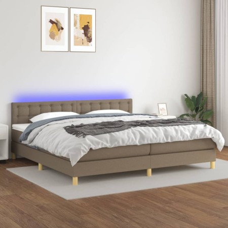 Cama box spring con colchón LED tela gris taupe 200x200 cm
