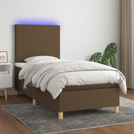 Boxspringbett-Matratze und LED-Leuchten aus dunkelbraunem Stoff, 90 x 200 cm von , Betten und Lattenroste - Ref: Foro24-31352...