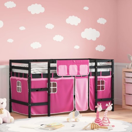 Cama alta para niños con cortinas madera pino rosa 90x200 cm de , Camas y somieres - Ref: Foro24-3206972, Precio: 190,71 €, D...