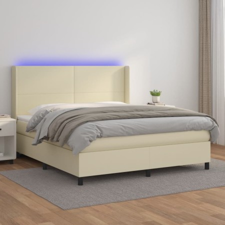 Box spring bed with mattress and LED cream synthetic leather 180x200 cm by , Beds and slatted bases - Ref: Foro24-3139279, Pr...