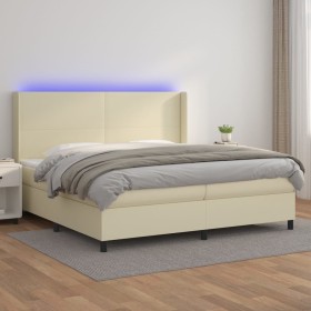 Box spring bed with mattress and LED cream synthetic leather 200x200 cm by , Beds and slatted bases - Ref: Foro24-3139285, Pr...