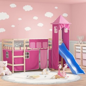 High bed for children with pink pine wood tower 90x200 cm by , Beds and slatted bases - Ref: Foro24-3207074, Price: 267,65 €,...