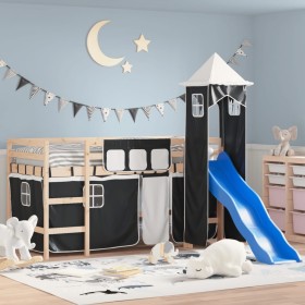 Cama alta niños con torre madera pino blanco negro 90x190 cm de , Camas y somieres - Ref: Foro24-3207081, Precio: 259,45 €, D...