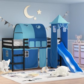 Cama alta para niños con torre madera pino azul 90x200 cm de , Camas y somieres - Ref: Foro24-3207106, Precio: 295,99 €, Desc...