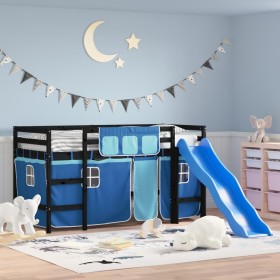 Cama alta para niños con cortinas madera pino azul 90x200 cm de , Camas y somieres - Ref: Foro24-3207025, Precio: 268,92 €, D...