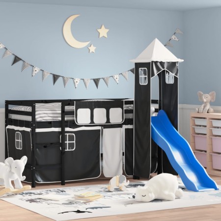 Cama alta niños con torre madera pino blanco negro 90x200 cm de , Camas y somieres - Ref: Foro24-3207078, Precio: 292,22 €, D...