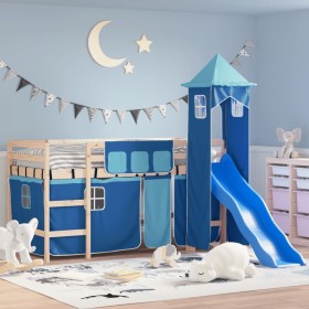 Cama alta para niños con torre madera pino azul 90x200 cm de , Camas y somieres - Ref: Foro24-3207073, Precio: 285,15 €, Desc...