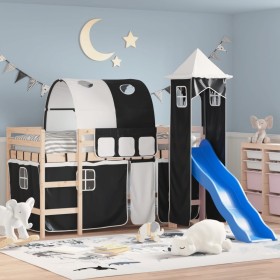 Cama alta niños con torre madera pino blanco negro 90x190 cm de , Camas y somieres - Ref: Foro24-3207108, Precio: 266,76 €, D...